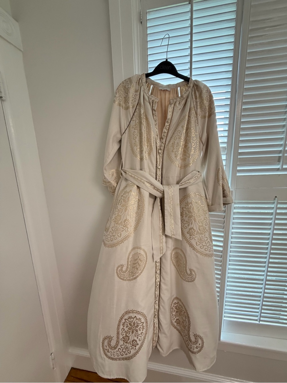 Ivory Maxi Dress with Gold Paisley Embroidery and Waist Tie